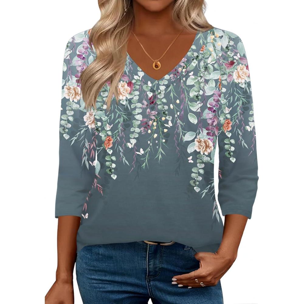 imageZeagoo 34 Length Sleeve Womens Tops Casual V Neck Shirts Soft Basic Tees Business Work BlousesGrey Floral