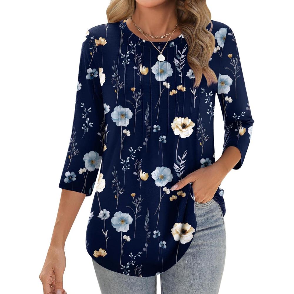 imageZeagoo 34 Length Sleeve Womens Tops Crew Neck Loose Fit Shirts Pleated Cute Clothes Dressy Casual 2026 Summer TunicsBf318