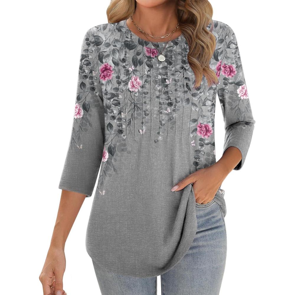 imageZeagoo 34 Length Sleeve Womens Tops Crew Neck Loose Fit Shirts Pleated Cute Clothes Dressy Casual 2026 Summer TunicsHf36