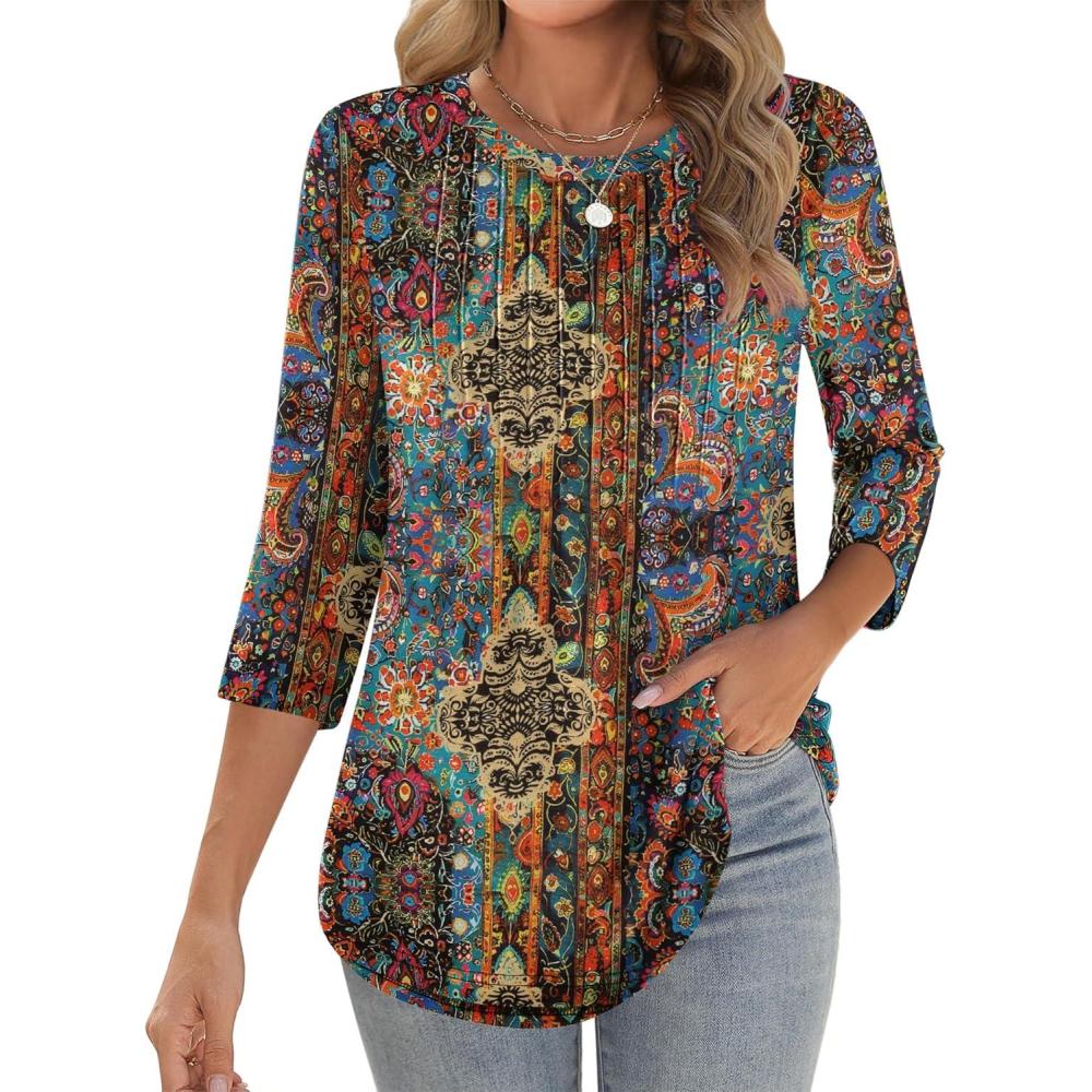 imageZeagoo 34 Length Sleeve Womens Tops Crew Neck Loose Fit Shirts Pleated Cute Clothes Dressy Casual 2026 Summer TunicsMz721
