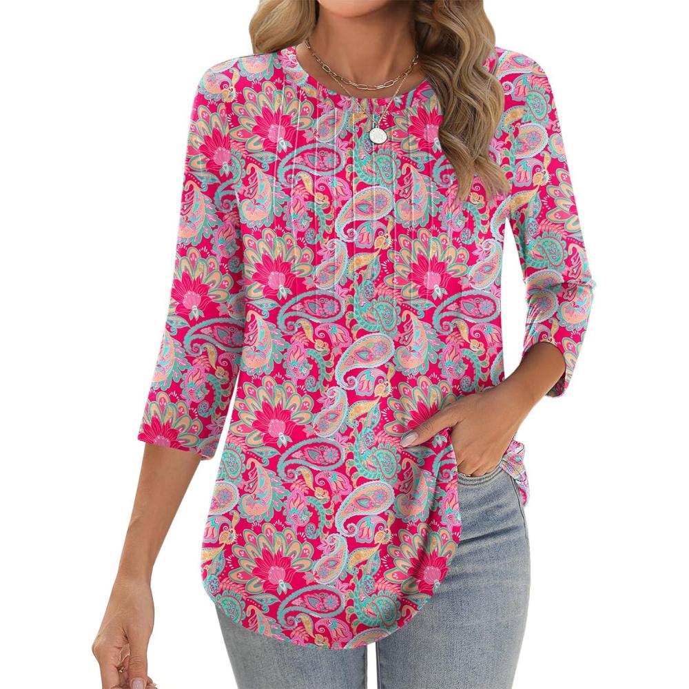 imageZeagoo 34 Length Sleeve Womens Tops Crew Neck Loose Fit Shirts Pleated Cute Clothes Dressy Casual 2026 Summer TunicsMz750