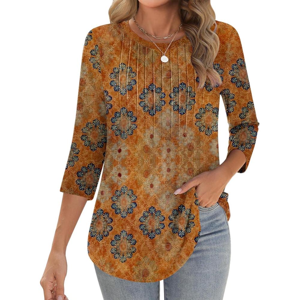 imageZeagoo 34 Length Sleeve Womens Tops Crew Neck Loose Fit Shirts Pleated Cute Clothes Dressy Casual 2026 Summer TunicsMz836