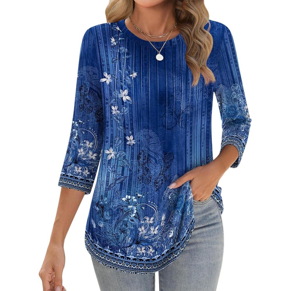 imageZeagoo 34 Length Sleeve Womens Tops Crew Neck Loose Fit Shirts Pleated Cute Clothes Dressy Casual 2026 Summer TunicsMz845