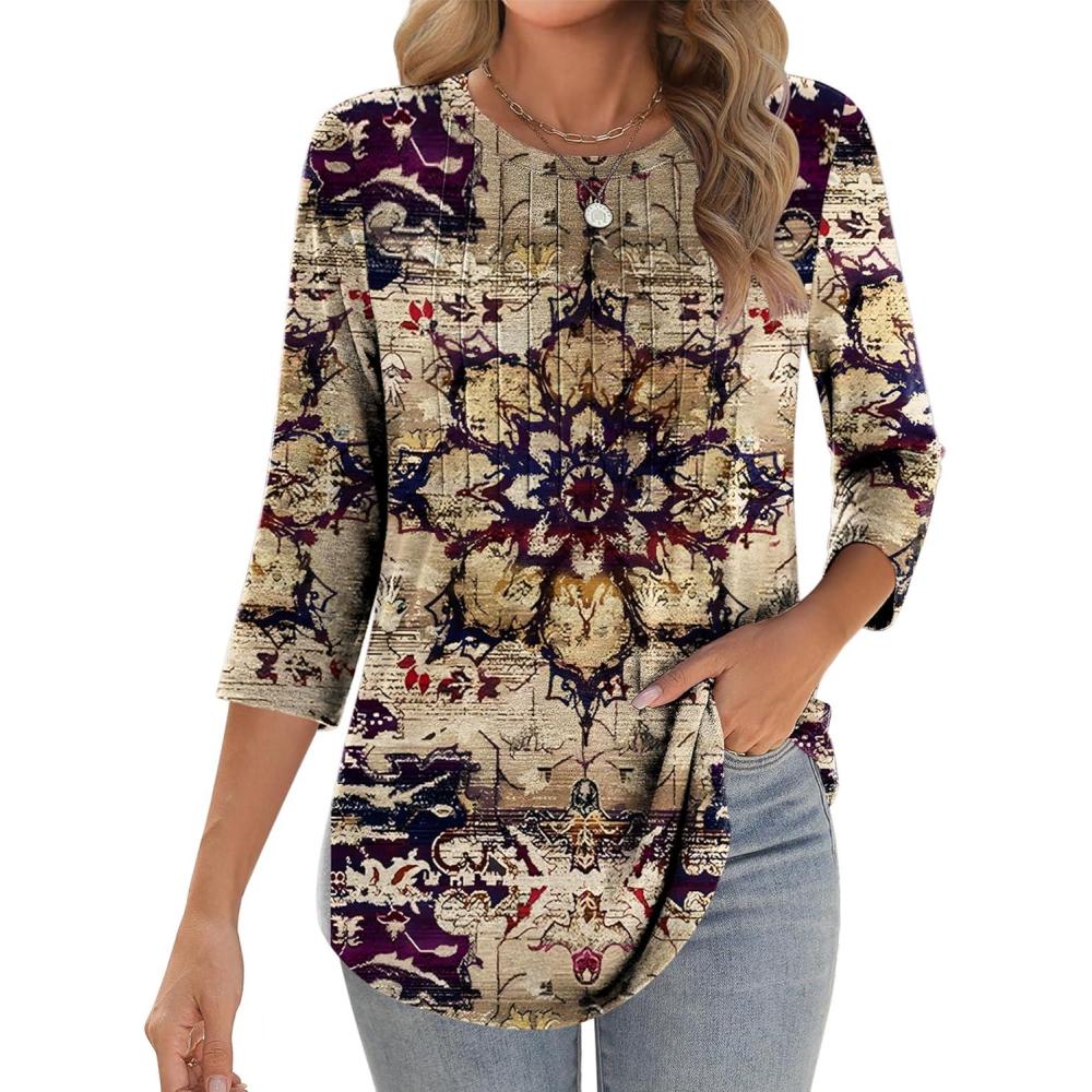 imageZeagoo 34 Length Sleeve Womens Tops Crew Neck Loose Fit Shirts Pleated Cute Clothes Dressy Casual 2026 Summer TunicsMz857