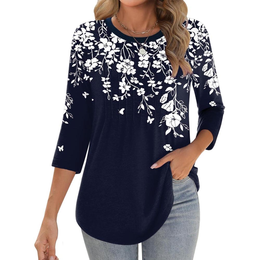 imageZeagoo 34 Length Sleeve Womens Tops Crew Neck Loose Fit Shirts Pleated Cute Clothes Dressy Casual 2026 Summer TunicsSf103