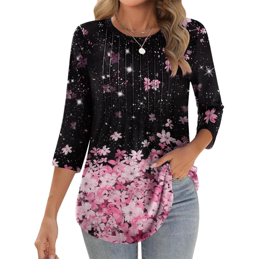 imageZeagoo 34 Length Sleeve Womens Tops Crew Neck Loose Fit Shirts Pleated Cute Clothes Dressy Casual 2026 Summer TunicsSf31