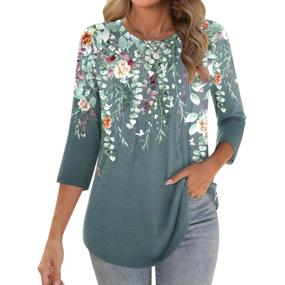imageZeagoo 34 Length Sleeve Womens Tops Crew Neck Loose Fit Shirts Pleated Cute Clothes Dressy Casual 2026 Summer TunicsWf71