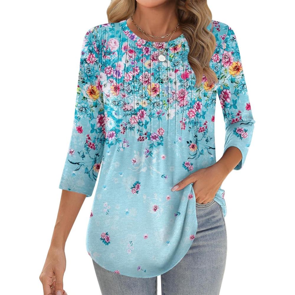 imageZeagoo 34 Length Sleeve Womens Tops Crew Neck Loose Fit Shirts Pleated Cute Clothes Dressy Casual 2026 Summer TunicsWf72
