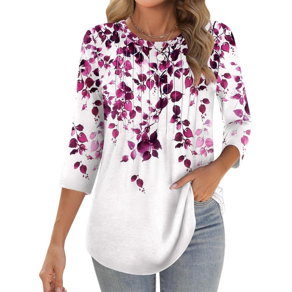 imageZeagoo 34 Length Sleeve Womens Tops Crew Neck Loose Fit Shirts Pleated Cute Clothes Dressy Casual 2026 Summer TunicsWf74