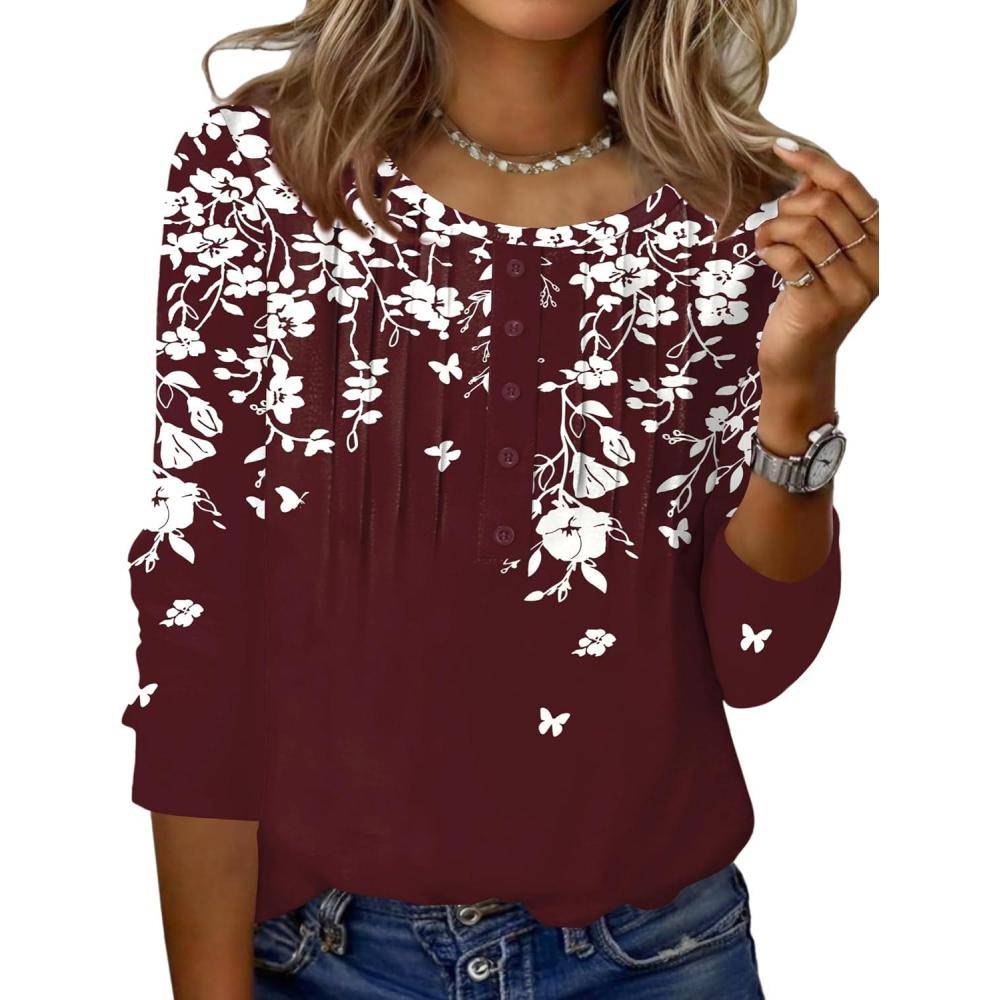 imageZeagoo 34 Length Sleeve Womens Tops Round Neck Casual Summer Tunic Tops Basic Tees Blouses Dressy TShirts Pleated Shirts02 Red