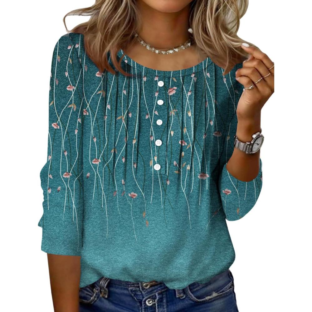 imageZeagoo 34 Length Sleeve Womens Tops Round Neck Casual Summer Tunic Tops Basic Tees Blouses Dressy TShirts Pleated ShirtsAgreen