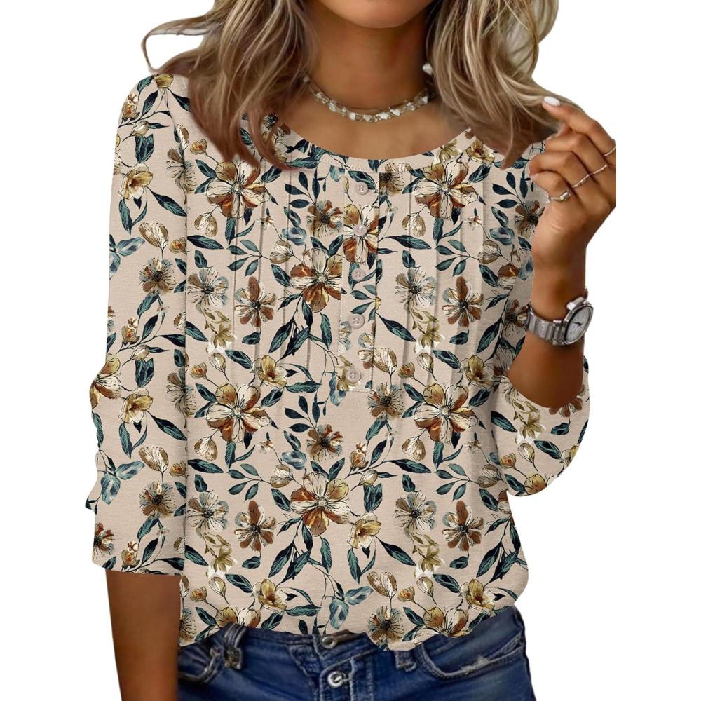 imageZeagoo 34 Length Sleeve Womens Tops Round Neck Casual Summer Tunic Tops Basic Tees Blouses Dressy TShirts Pleated ShirtsApricot