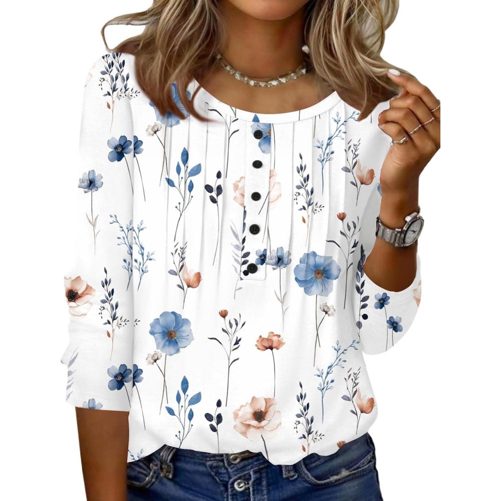 imageZeagoo 34 Length Sleeve Womens Tops Round Neck Casual Summer Tunic Tops Basic Tees Blouses Dressy TShirts Pleated ShirtsAwhite