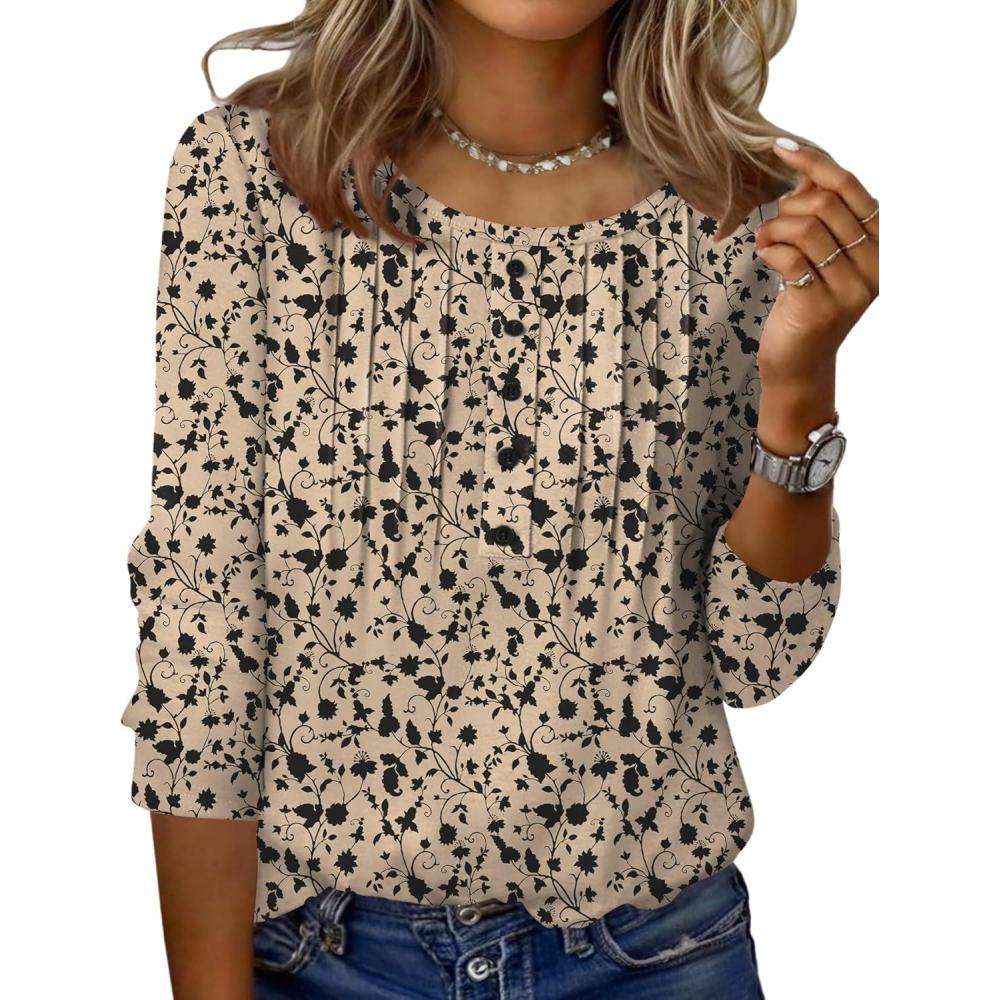 imageZeagoo 34 Length Sleeve Womens Tops Round Neck Casual Summer Tunic Tops Basic Tees Blouses Dressy TShirts Pleated ShirtsBeige