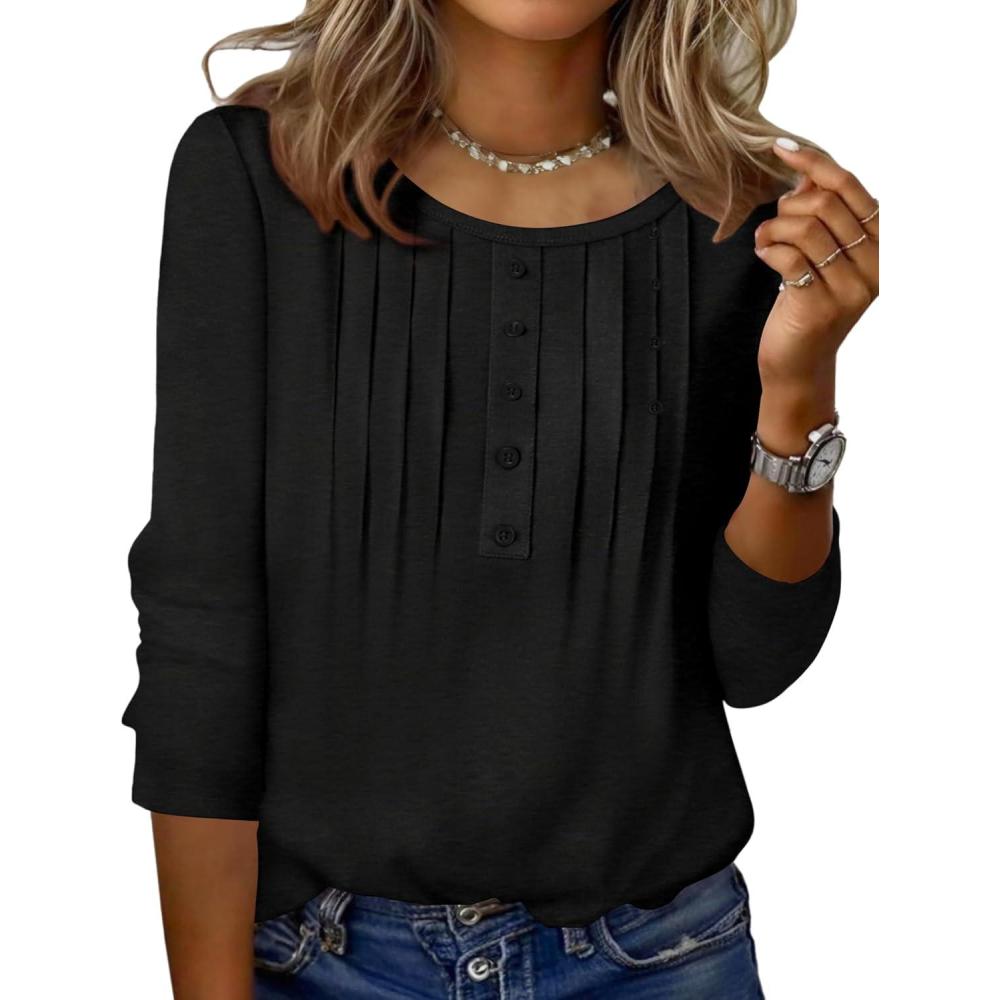 imageZeagoo 34 Length Sleeve Womens Tops Round Neck Casual Summer Tunic Tops Basic Tees Blouses Dressy TShirts Pleated ShirtsBlack