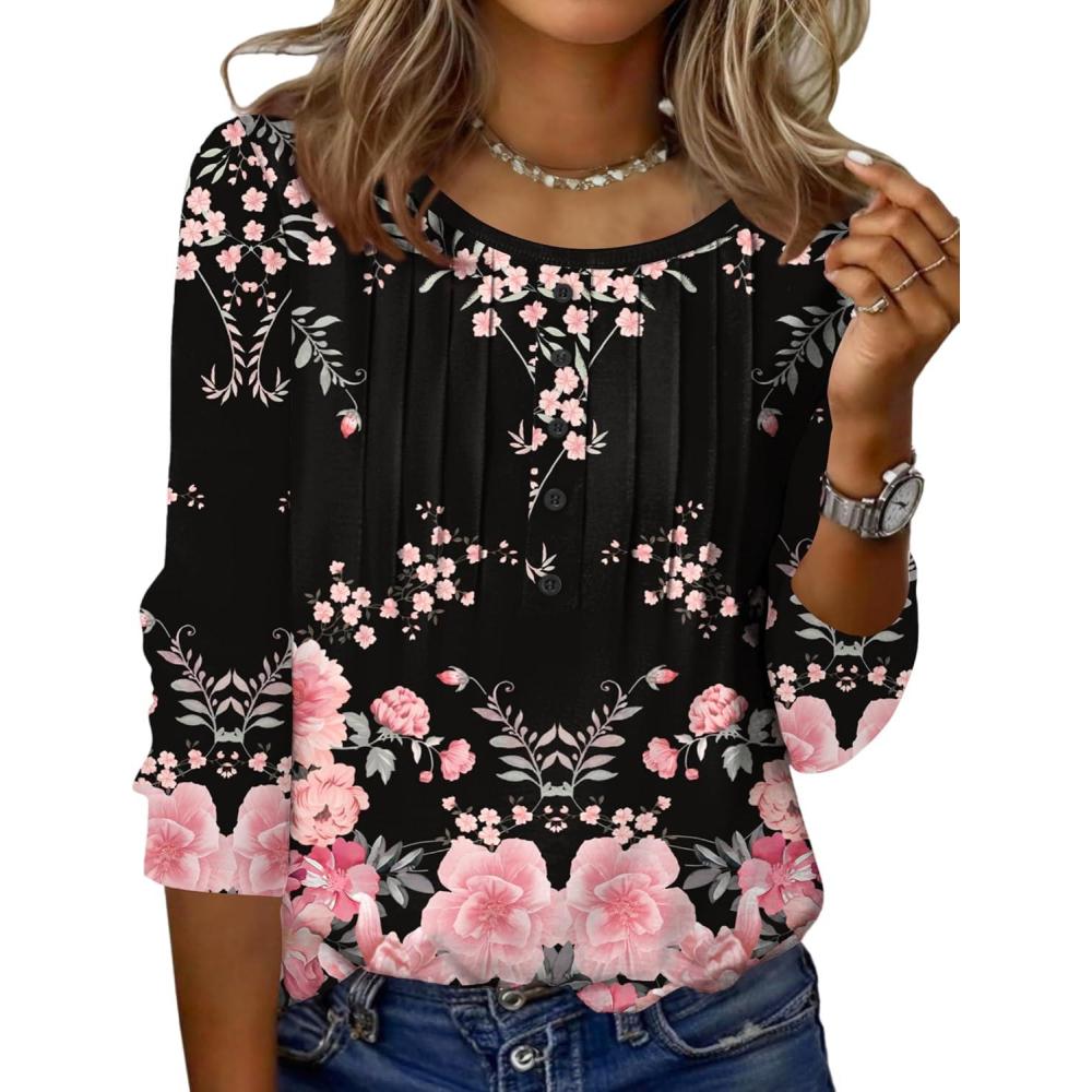 imageZeagoo 34 Length Sleeve Womens Tops Round Neck Casual Summer Tunic Tops Basic Tees Blouses Dressy TShirts Pleated ShirtsBlackpink