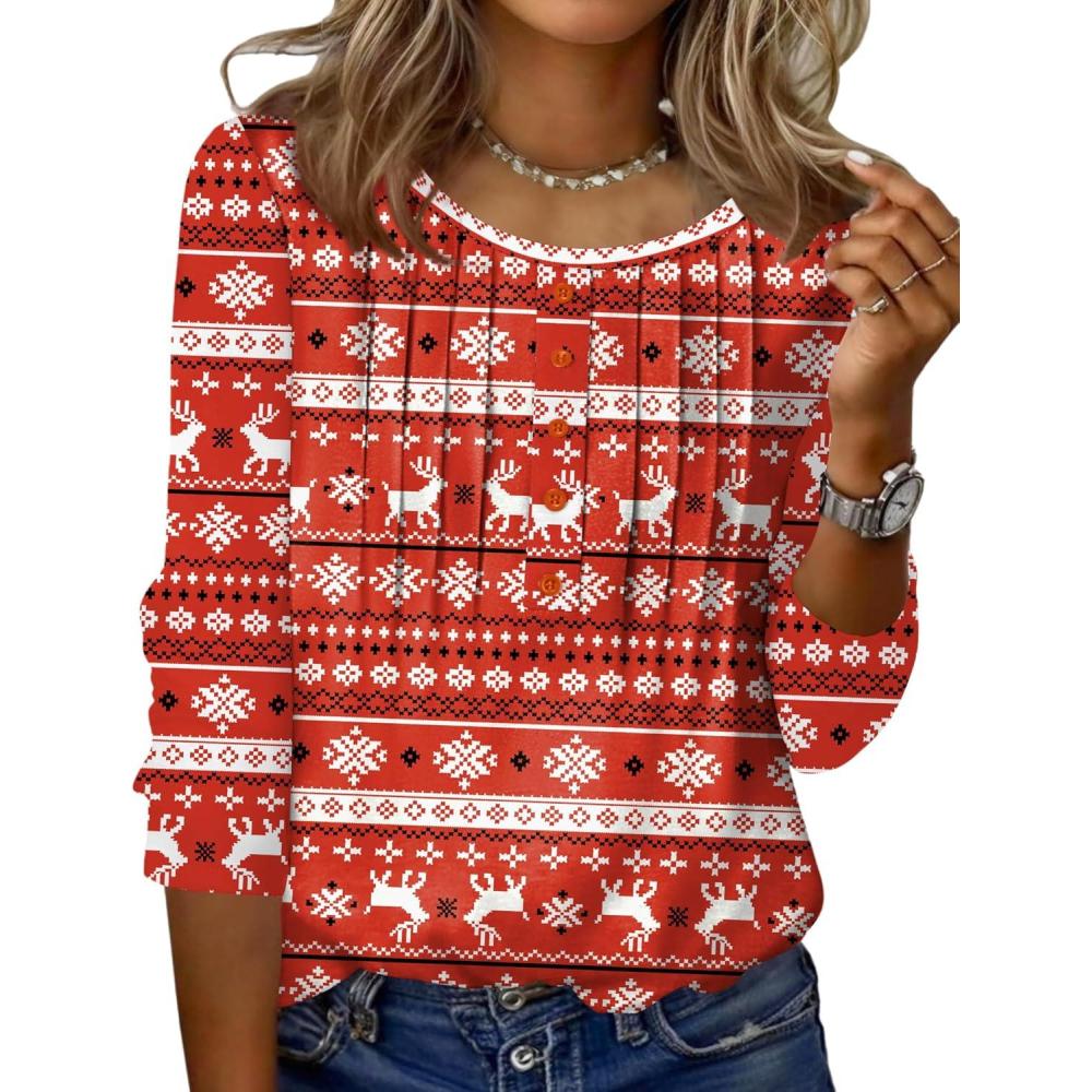 imageZeagoo 34 Length Sleeve Womens Tops Round Neck Casual Summer Tunic Tops Basic Tees Blouses Dressy TShirts Pleated ShirtsChristmas Print