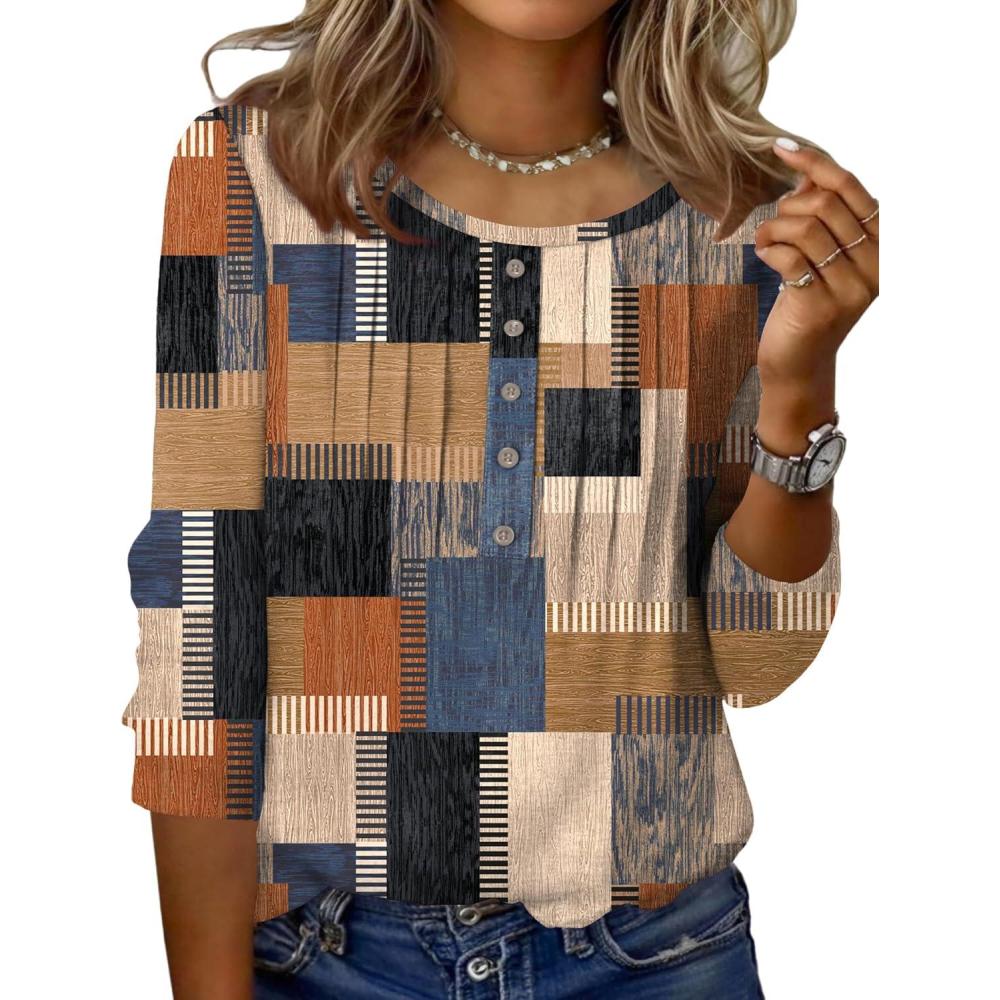 imageZeagoo 34 Length Sleeve Womens Tops Round Neck Casual Summer Tunic Tops Basic Tees Blouses Dressy TShirts Pleated ShirtsGeometric Color Block