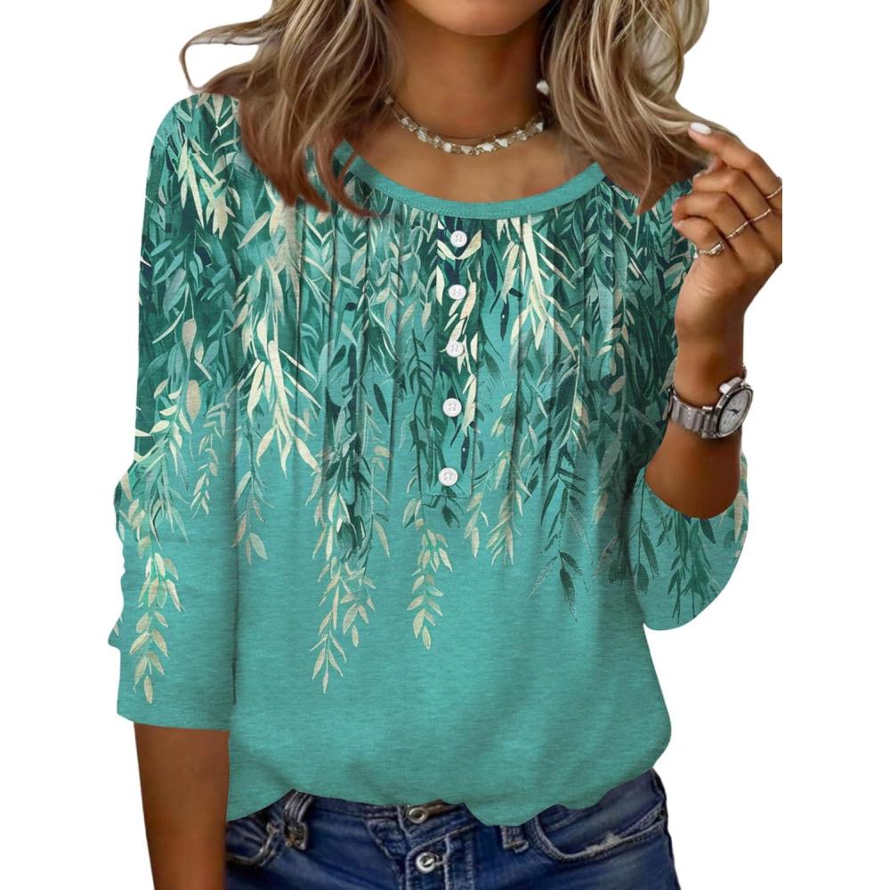 imageZeagoo 34 Length Sleeve Womens Tops Round Neck Casual Summer Tunic Tops Basic Tees Blouses Dressy TShirts Pleated ShirtsGreen