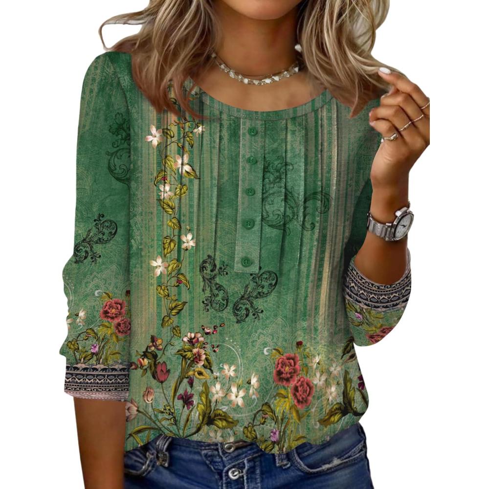 imageZeagoo 34 Length Sleeve Womens Tops Round Neck Casual Summer Tunic Tops Basic Tees Blouses Dressy TShirts Pleated ShirtsGreenyellow