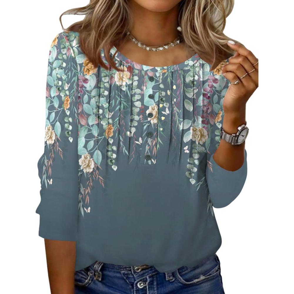 imageZeagoo 34 Length Sleeve Womens Tops Round Neck Casual Summer Tunic Tops Basic Tees Blouses Dressy TShirts Pleated ShirtsGrey Floral