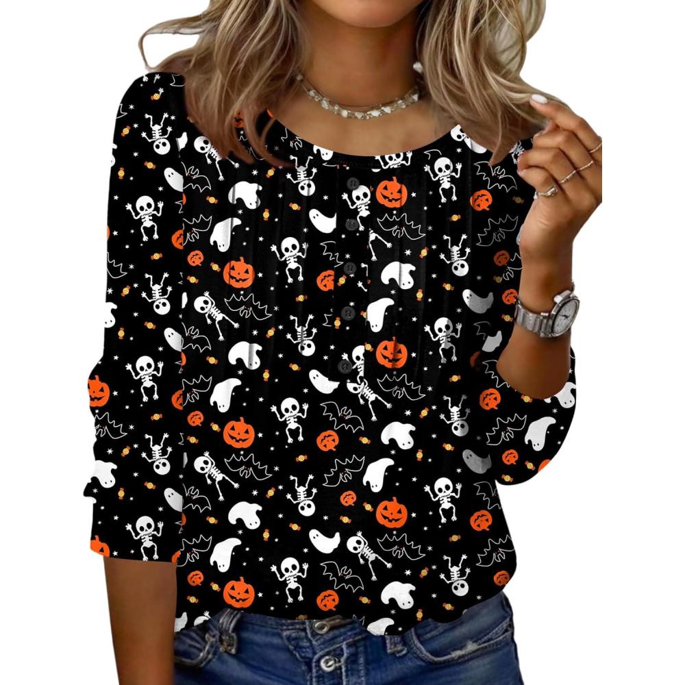 imageZeagoo 34 Length Sleeve Womens Tops Round Neck Casual Summer Tunic Tops Basic Tees Blouses Dressy TShirts Pleated ShirtsHalloween Print 01