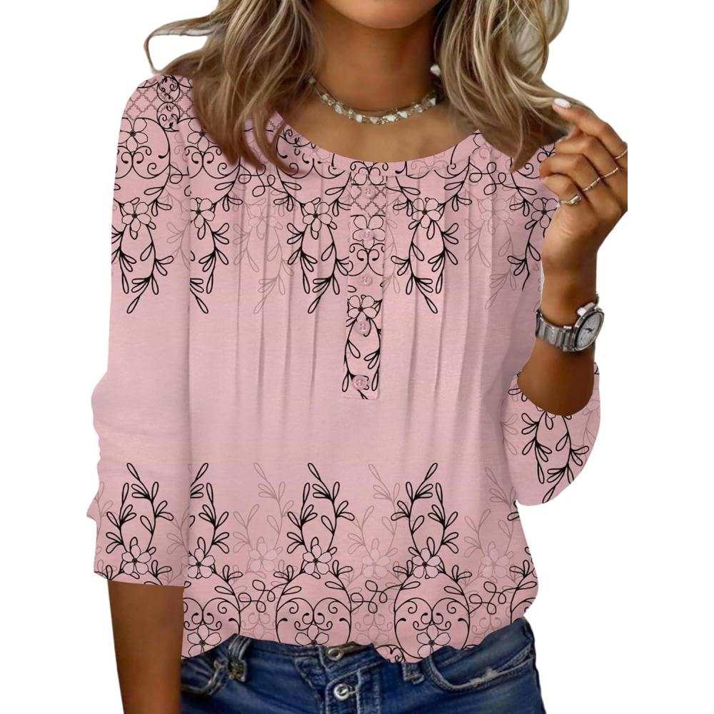 imageZeagoo 34 Length Sleeve Womens Tops Round Neck Casual Summer Tunic Tops Basic Tees Blouses Dressy TShirts Pleated ShirtsHot Pink