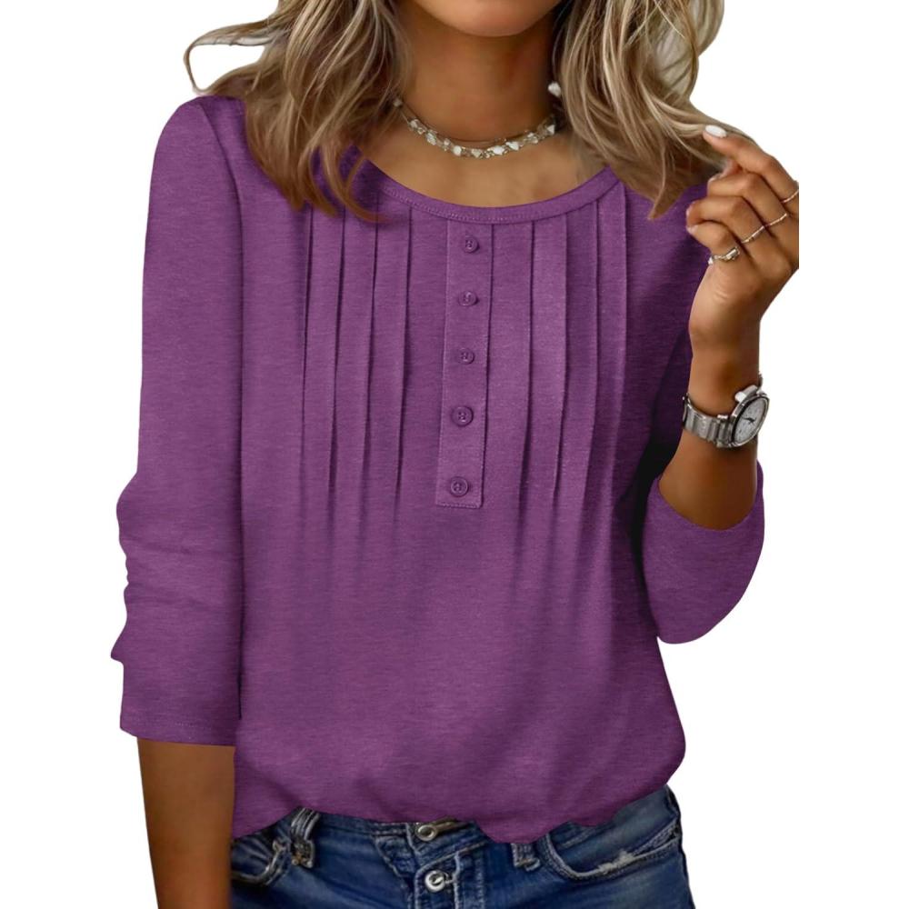 imageZeagoo 34 Length Sleeve Womens Tops Round Neck Casual Summer Tunic Tops Basic Tees Blouses Dressy TShirts Pleated ShirtsPurple