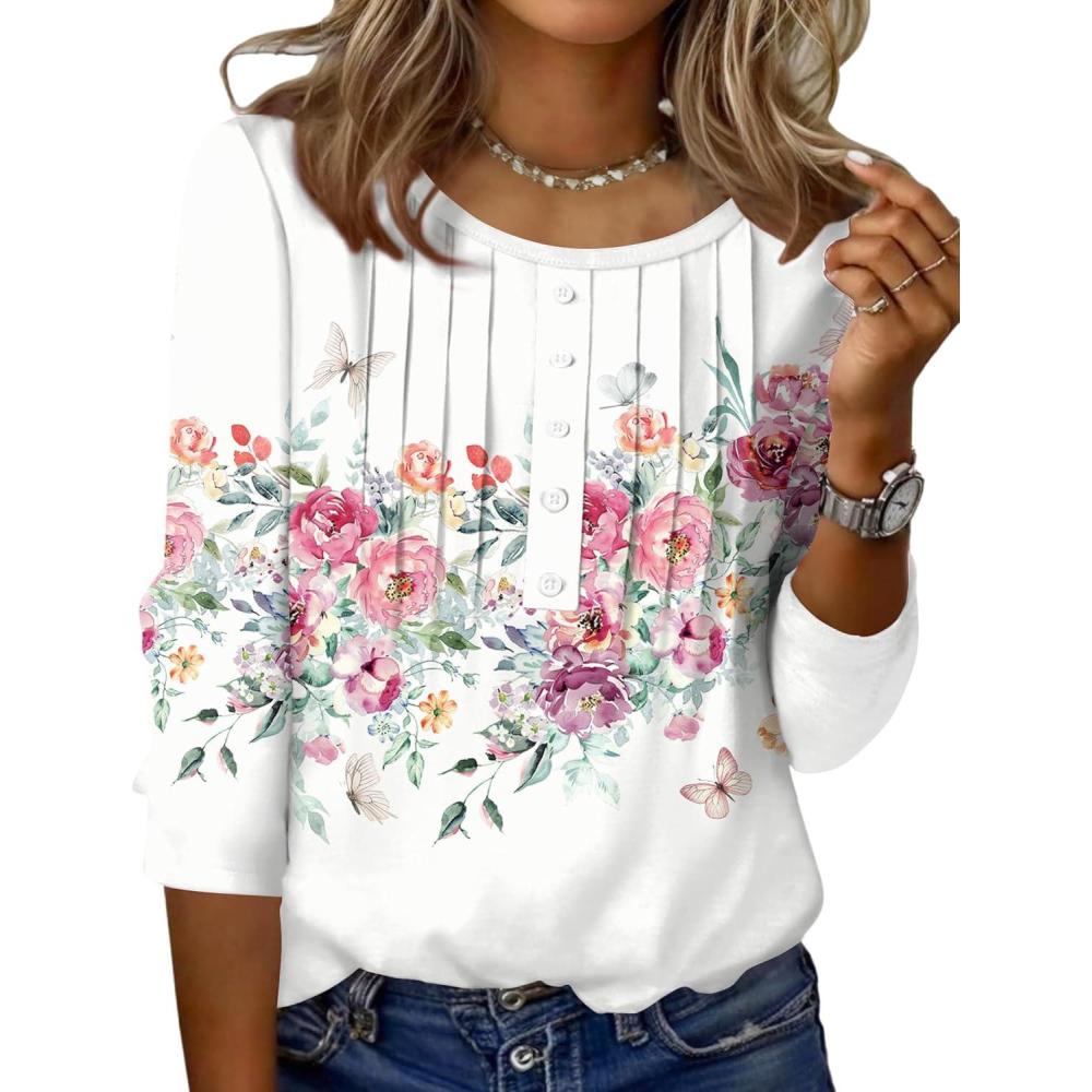 imageZeagoo 34 Length Sleeve Womens Tops Round Neck Casual Summer Tunic Tops Basic Tees Blouses Dressy TShirts Pleated ShirtsWhite