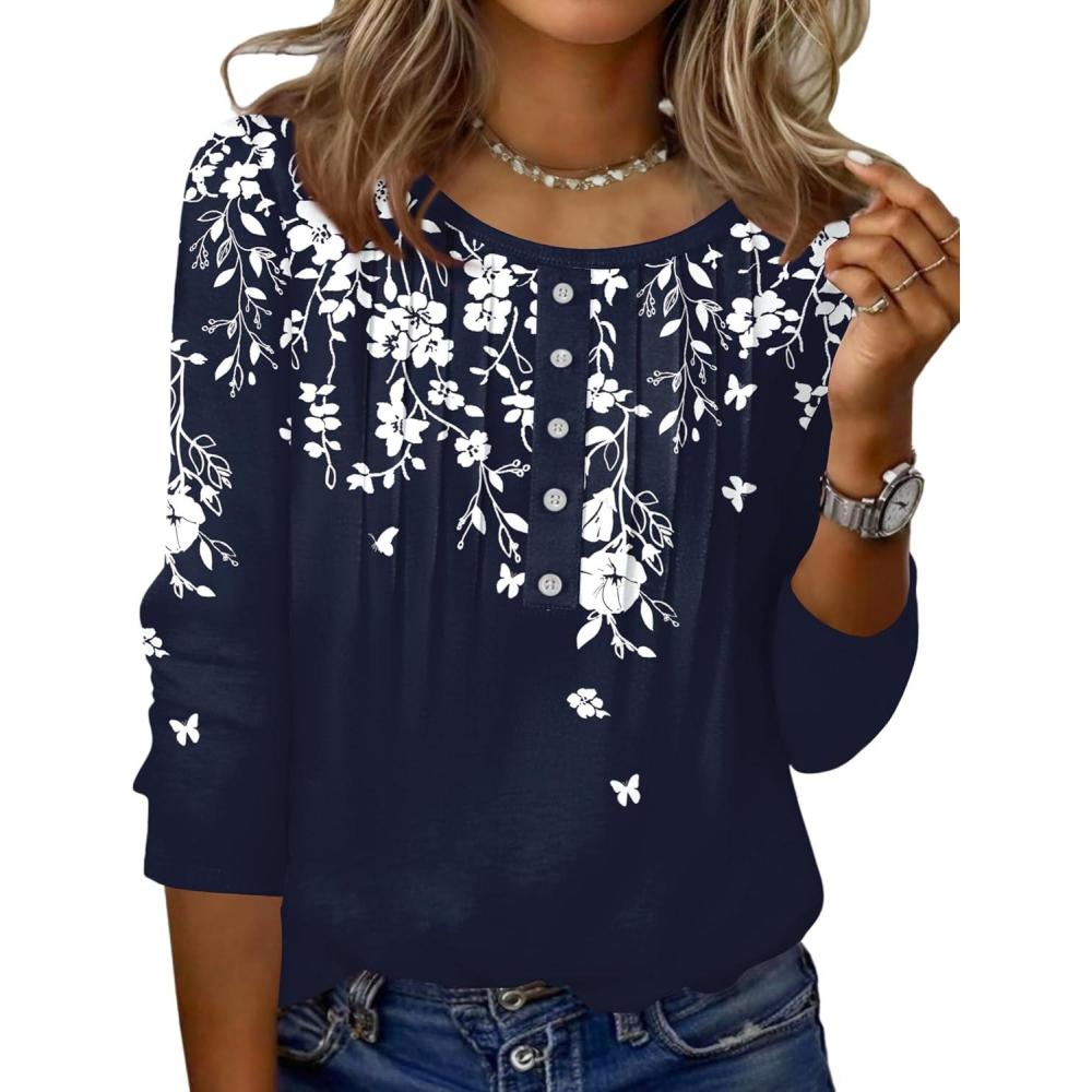 imageZeagoo 34 Length Sleeve Womens Tops Round Neck Casual Summer Tunic Tops Basic Tees Blouses Dressy TShirts Pleated ShirtsWhite Flowersf103