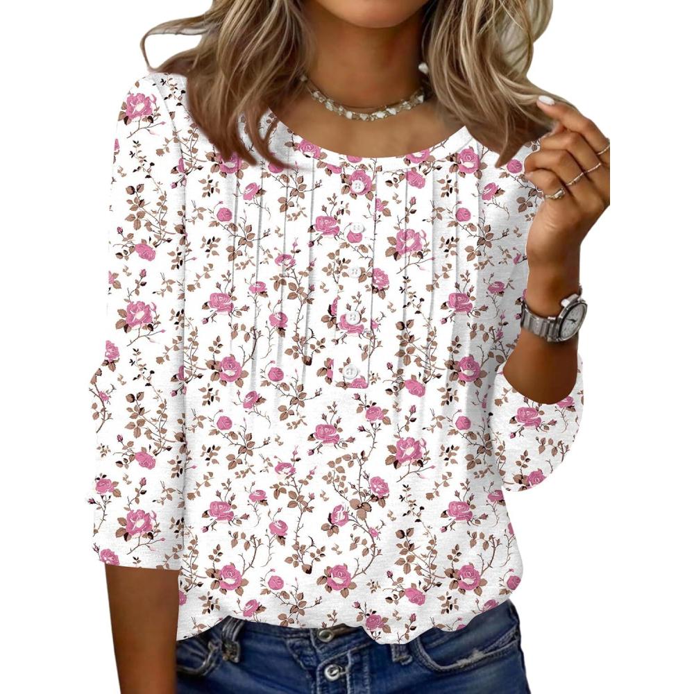 imageZeagoo 34 Length Sleeve Womens Tops Round Neck Casual Summer Tunic Tops Basic Tees Blouses Dressy TShirts Pleated ShirtsWhite Pink