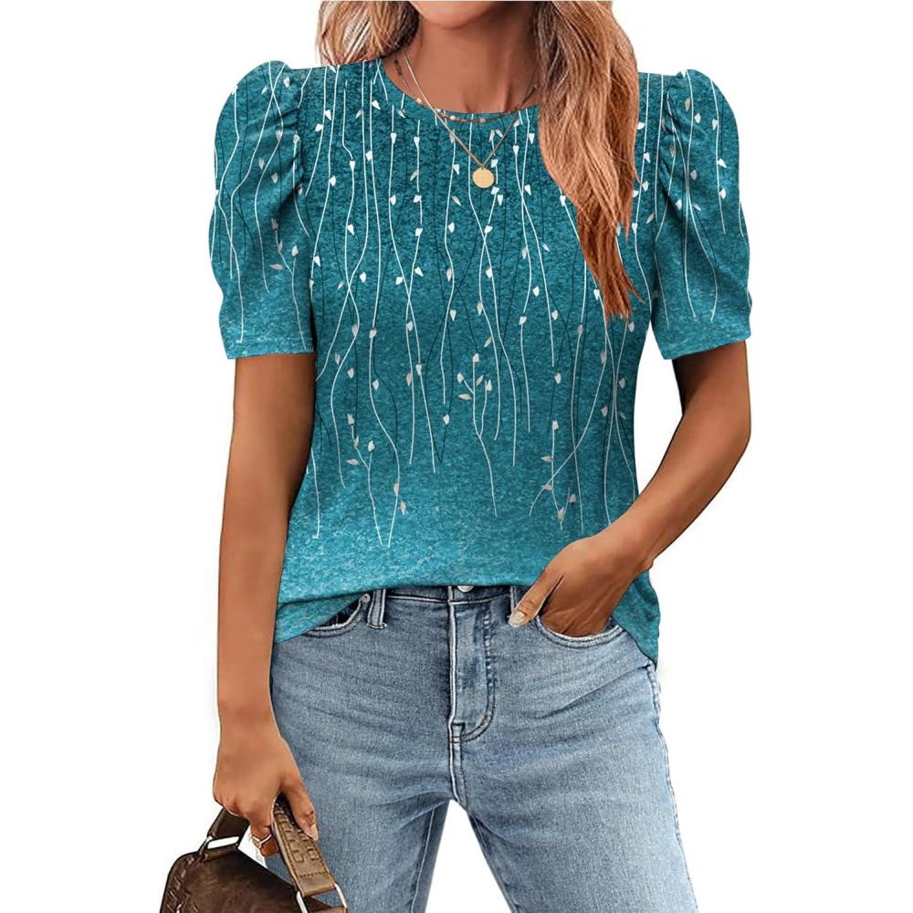 imageZeagoo Blouse for Women Dressy Casual Puff Short Sleeve Boho Tops Fashion Floral Crew Neck Tunic Shirts Summer ClothesAxh363
