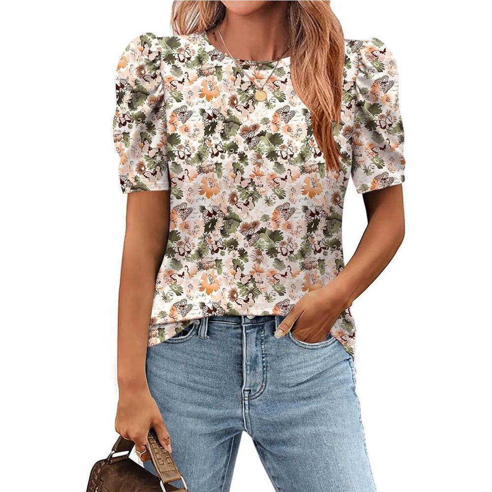imageZeagoo Blouse for Women Dressy Casual Puff Short Sleeve Boho Tops Fashion Floral Crew Neck Tunic Shirts Summer ClothesBf106