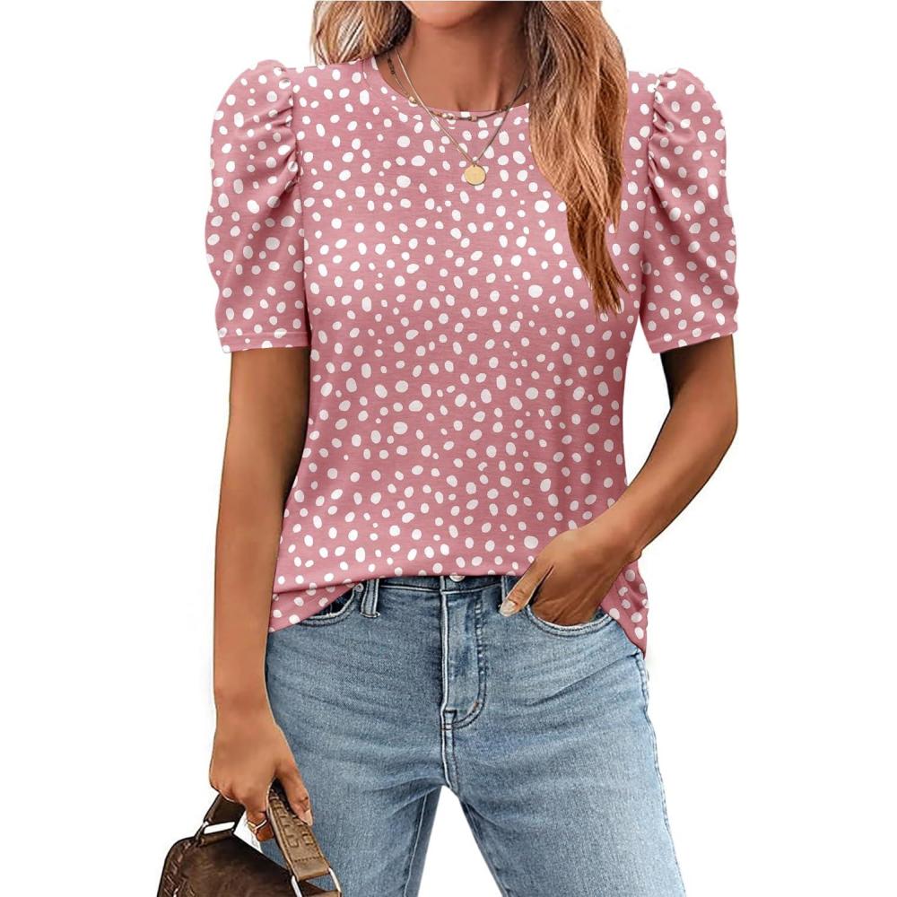 imageZeagoo Blouse for Women Dressy Casual Puff Short Sleeve Boho Tops Fashion Floral Crew Neck Tunic Shirts Summer ClothesJh301