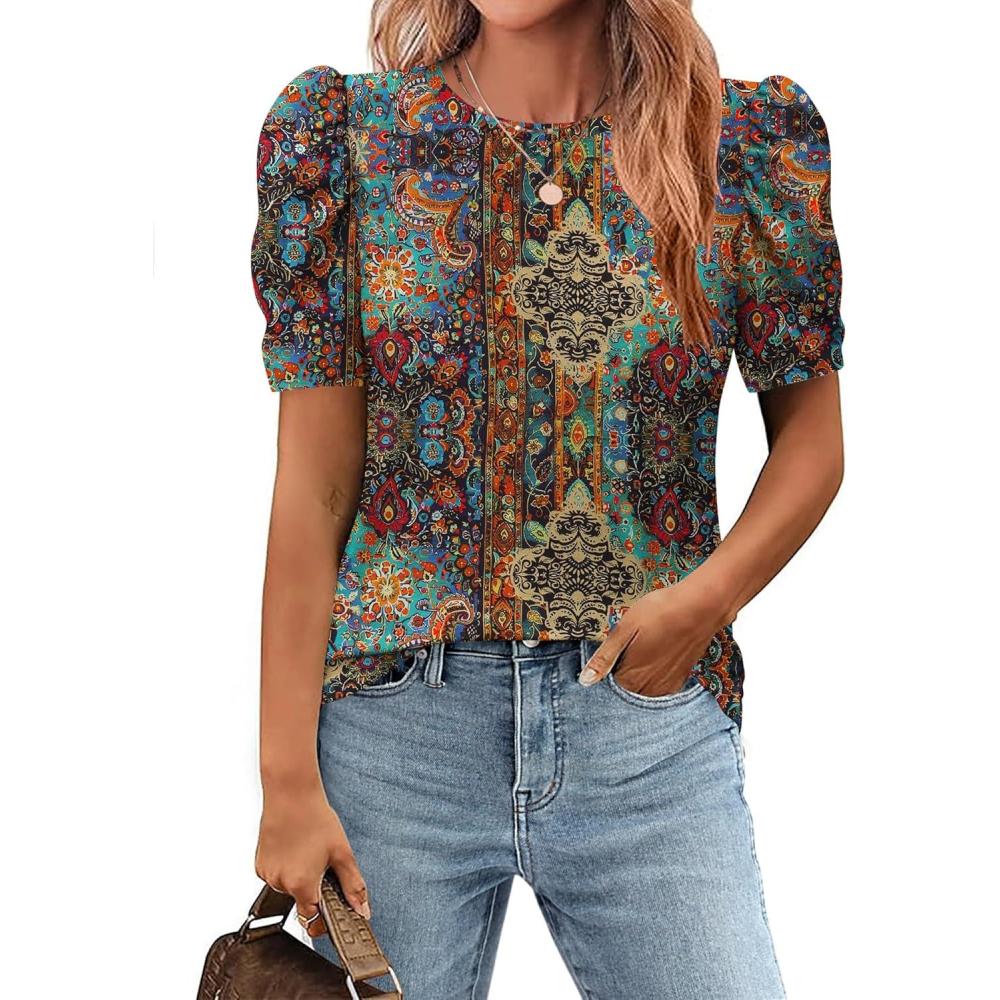 imageZeagoo Blouse for Women Dressy Casual Puff Short Sleeve Boho Tops Fashion Floral Crew Neck Tunic Shirts Summer ClothesMz721