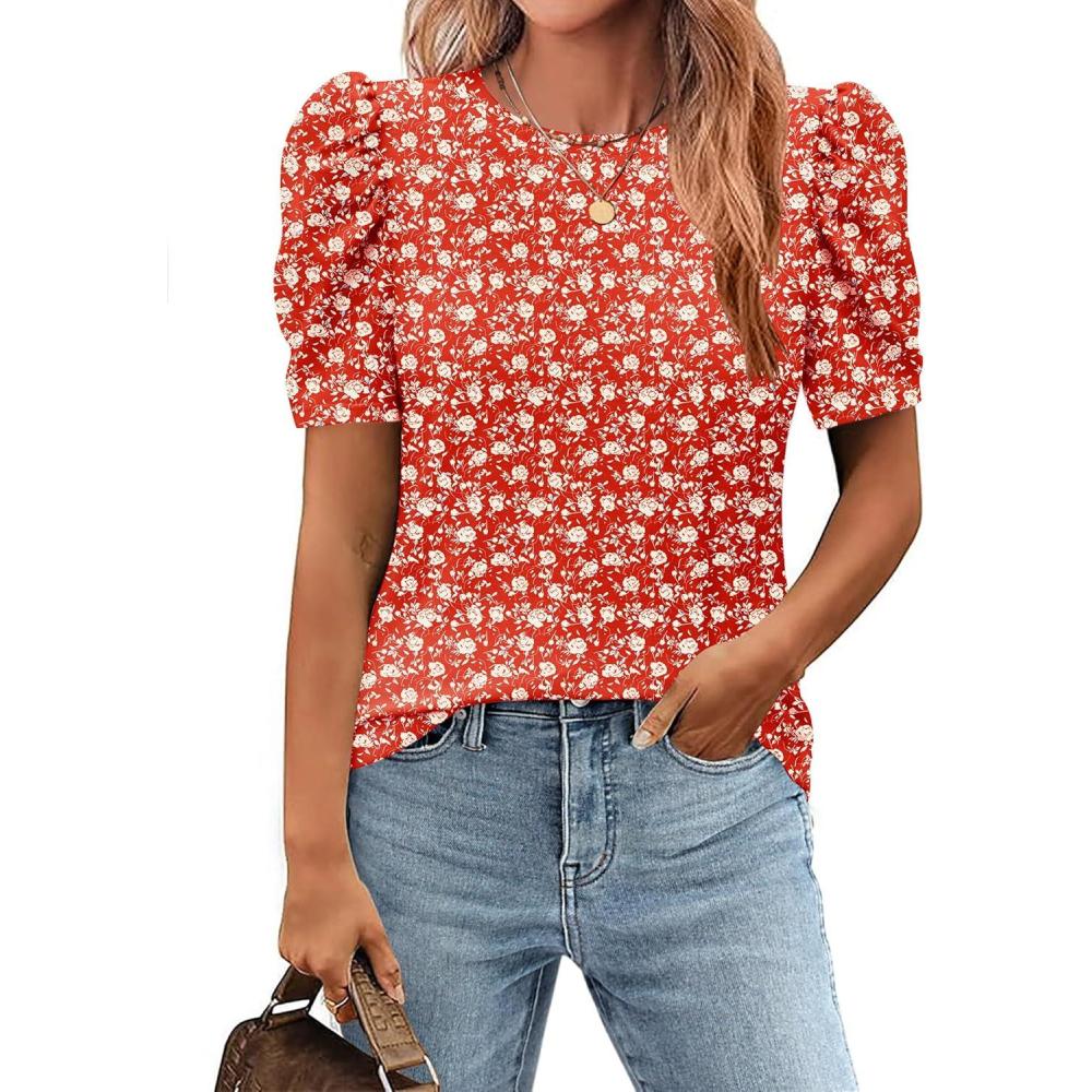 imageZeagoo Blouse for Women Dressy Casual Puff Short Sleeve Boho Tops Fashion Floral Crew Neck Tunic Shirts Summer ClothesSf230