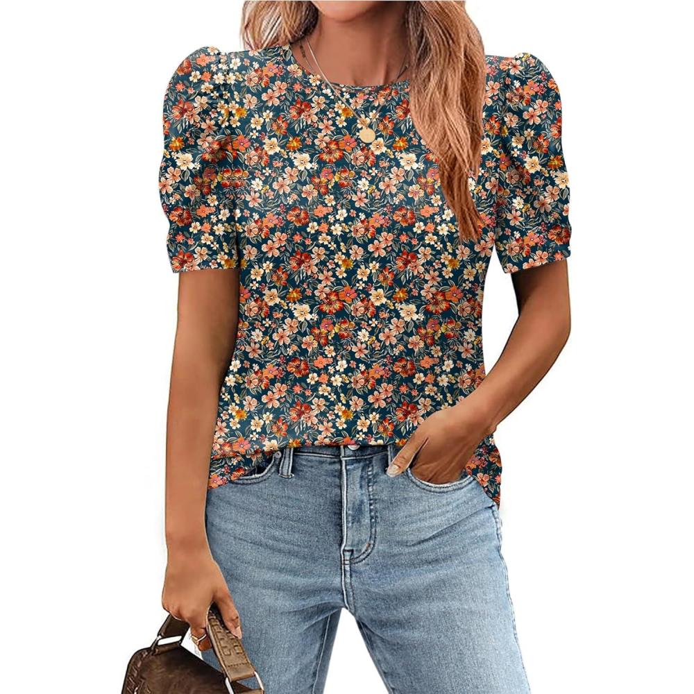 imageZeagoo Blouse for Women Dressy Casual Puff Short Sleeve Boho Tops Fashion Floral Crew Neck Tunic Shirts Summer ClothesXh464