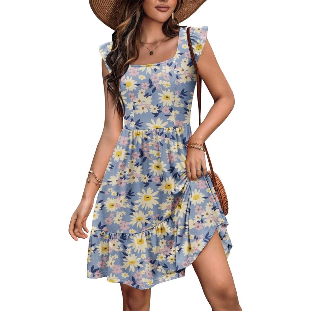 imageZeagoo Boho Mini Aline Dress 2025 Womens Summer Dress Casual Ruffle Tiered Floral Square Neck Sundresses Beach with PocketsBlue Pink Floral
