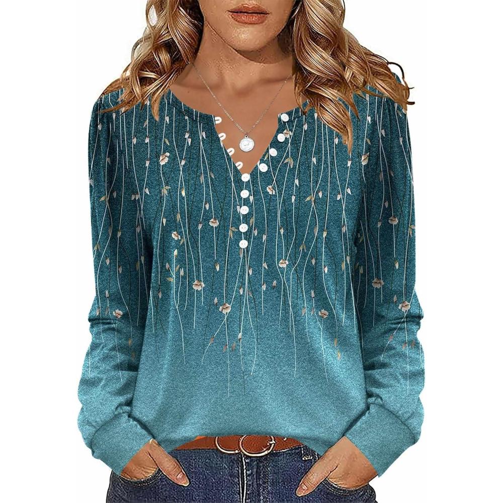 imageZeagoo Fall Tops for Women Long Sleeve Button Up Shirts Floral Tunics V Neck Pullover BlouseBlue Floral