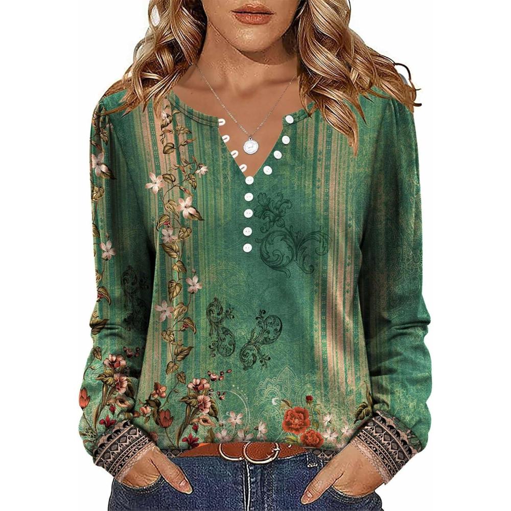 imageZeagoo Fall Tops for Women Long Sleeve Button Up Shirts Floral Tunics V Neck Pullover BlouseGreen Floral