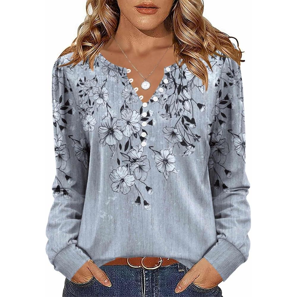 imageZeagoo Fall Tops for Women Long Sleeve Button Up Shirts Floral Tunics V Neck Pullover BlouseGrey Floral 01