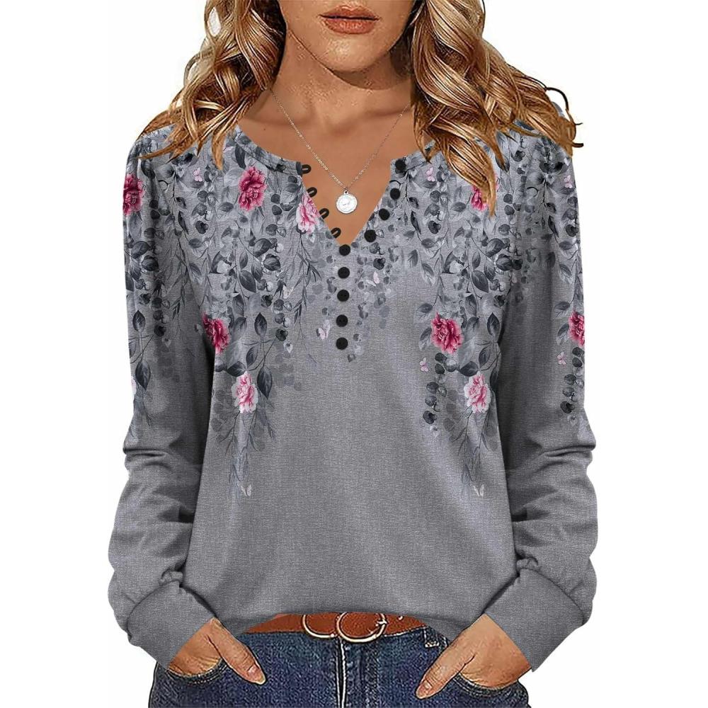 imageZeagoo Fall Tops for Women Long Sleeve Button Up Shirts Floral Tunics V Neck Pullover BlouseGrey Floral 02