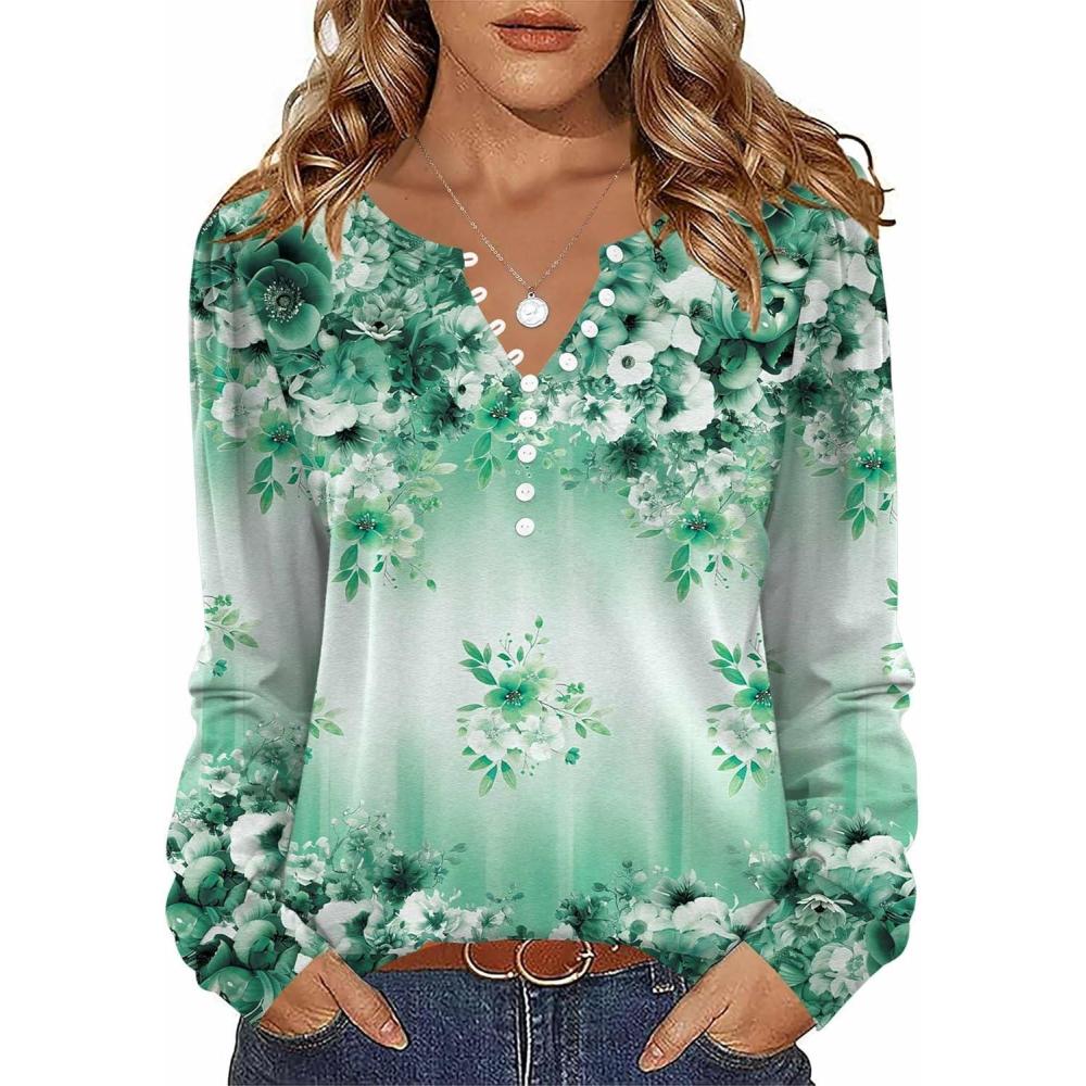 imageZeagoo Fall Tops for Women Long Sleeve Button Up Shirts Floral Tunics V Neck Pullover BlouseLight Green Floral