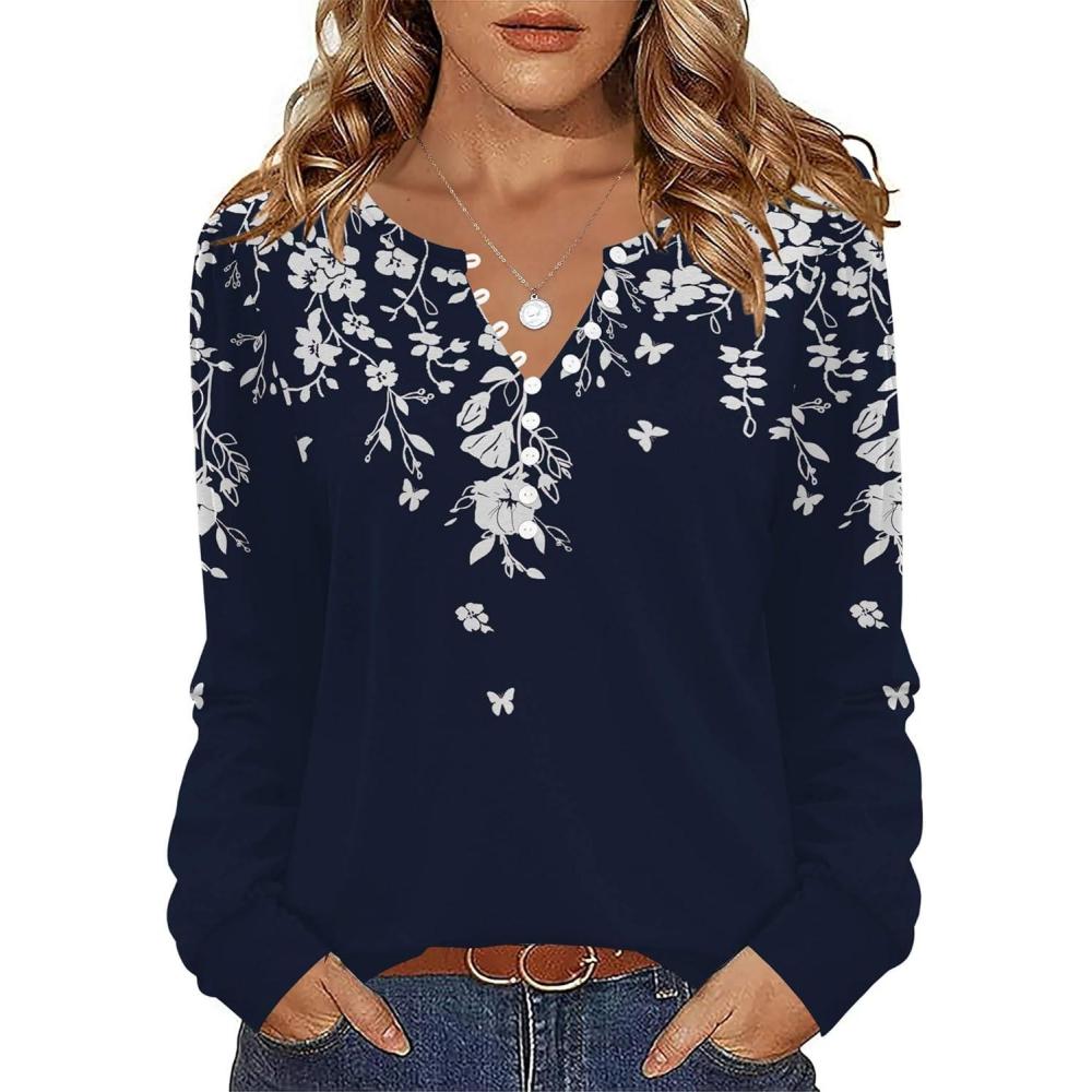 imageZeagoo Fall Tops for Women Long Sleeve Button Up Shirts Floral Tunics V Neck Pullover BlouseNavy Floral