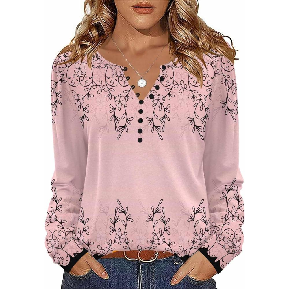imageZeagoo Fall Tops for Women Long Sleeve Button Up Shirts Floral Tunics V Neck Pullover BlousePink Floral