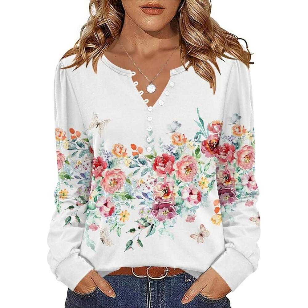 imageZeagoo Fall Tops for Women Long Sleeve Button Up Shirts Floral Tunics V Neck Pullover BlouseWhite Floral 02