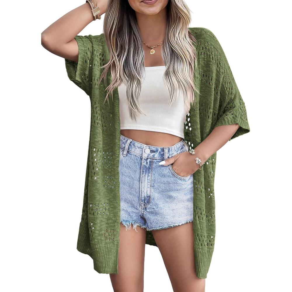 imageZeagoo Lightweight Summer Crochet Cardigan for Women Short Sleeve Kimono Boho Oversized Open Front Knitted CardiganArmy Green