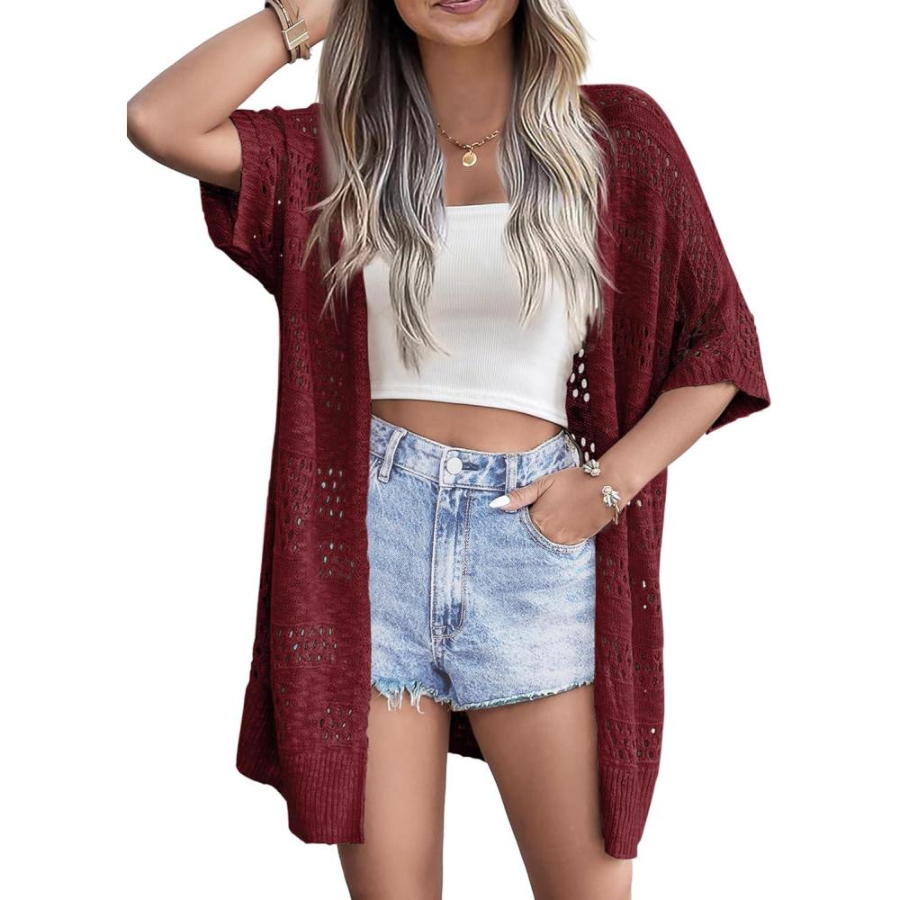 imageZeagoo Lightweight Summer Crochet Cardigan for Women Short Sleeve Kimono Boho Oversized Open Front Knitted CardiganWine Red