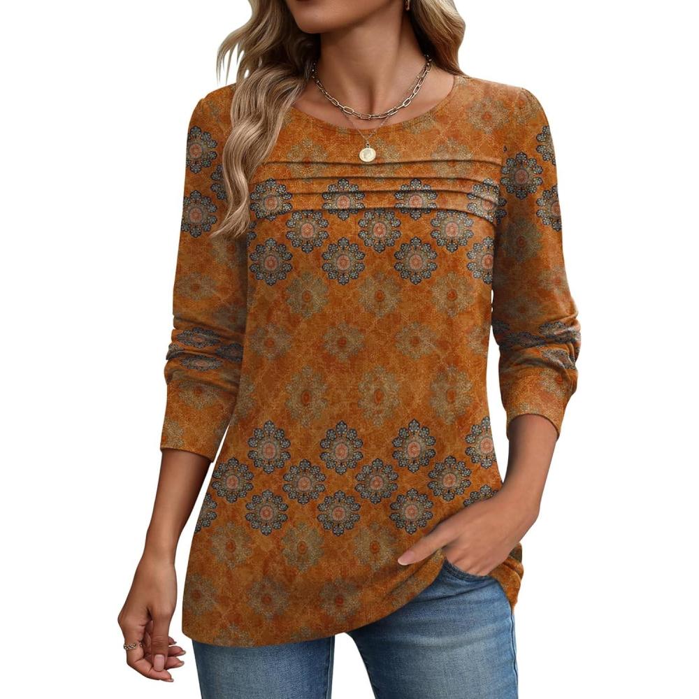 imageZeagoo Long Sleeve Shirts for Women Casual Fall Fashion Crewneck Pleated Tunic Tops Work Outfit BlouseBobo Orange 836