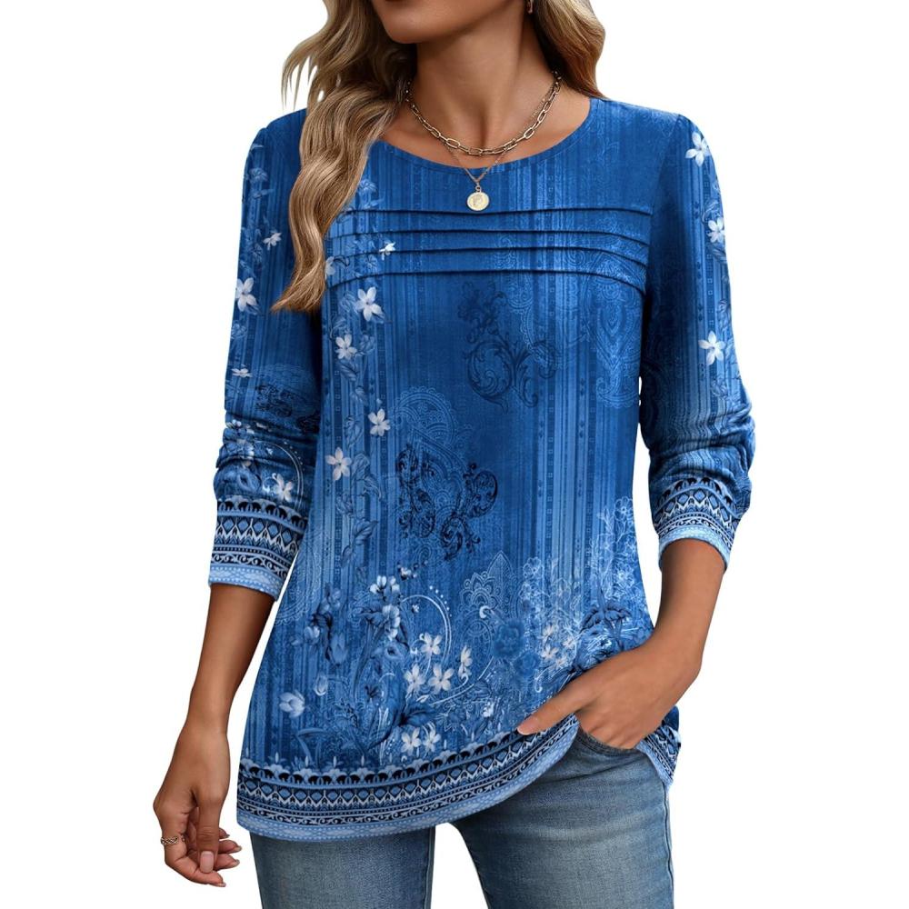 imageZeagoo Long Sleeve Shirts for Women Casual Fall Fashion Crewneck Pleated Tunic Tops Work Outfit BlouseBoho Blue 712